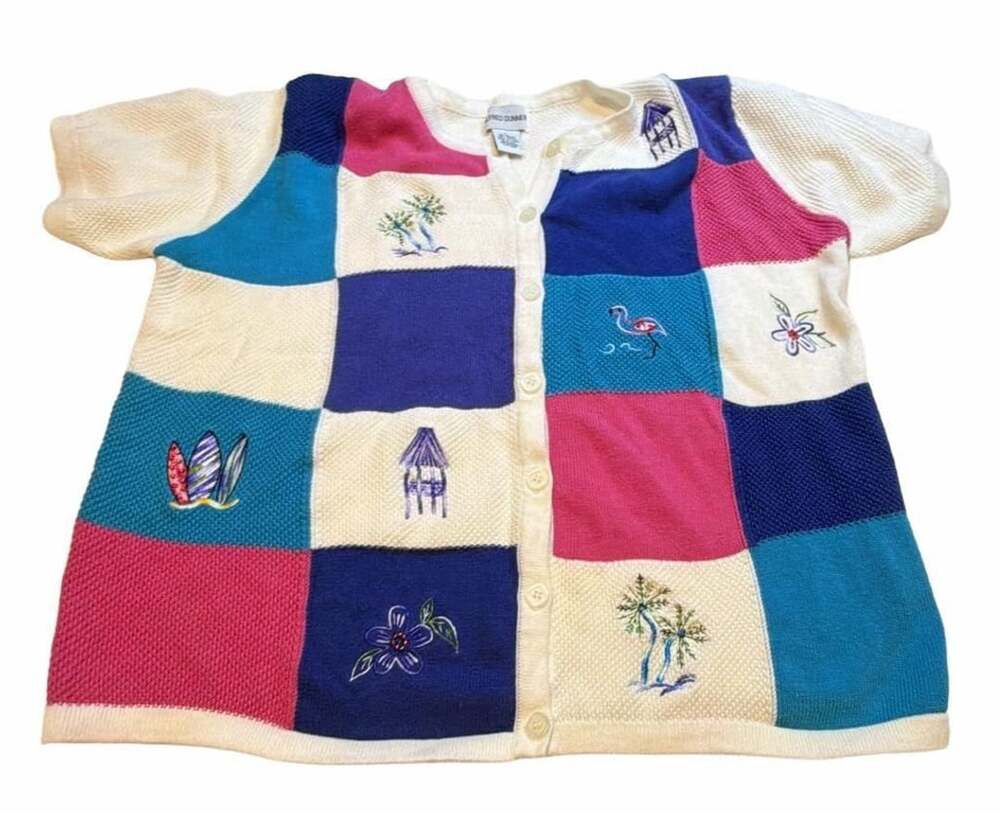 Alfred Dunner Vintage Patchwork Knit Short Sleeve Cardigan Sweater
